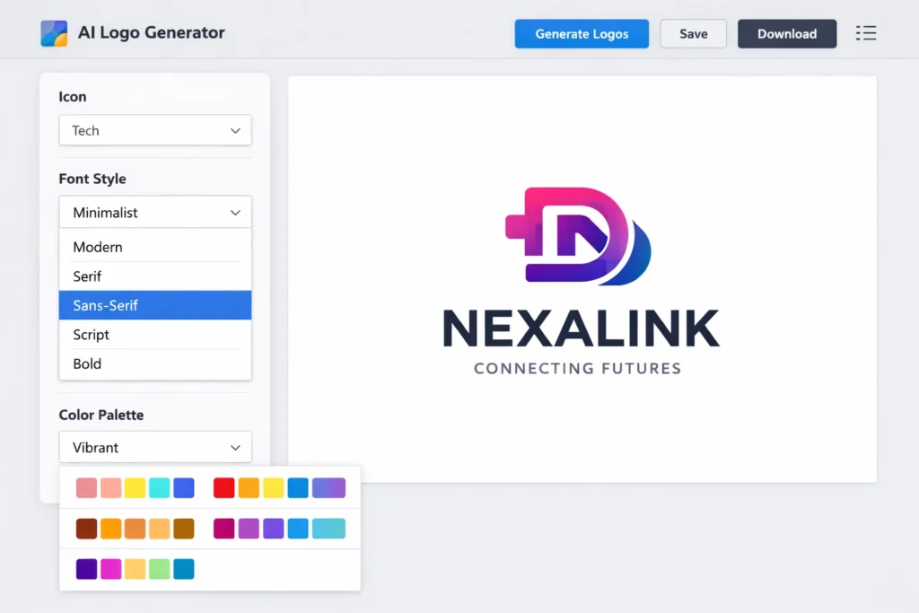 AI logo generator interface showing template-based design options