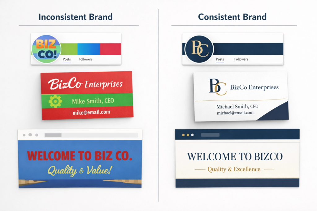 Consistent brand identity vs inconsistent branding — before and after comparison