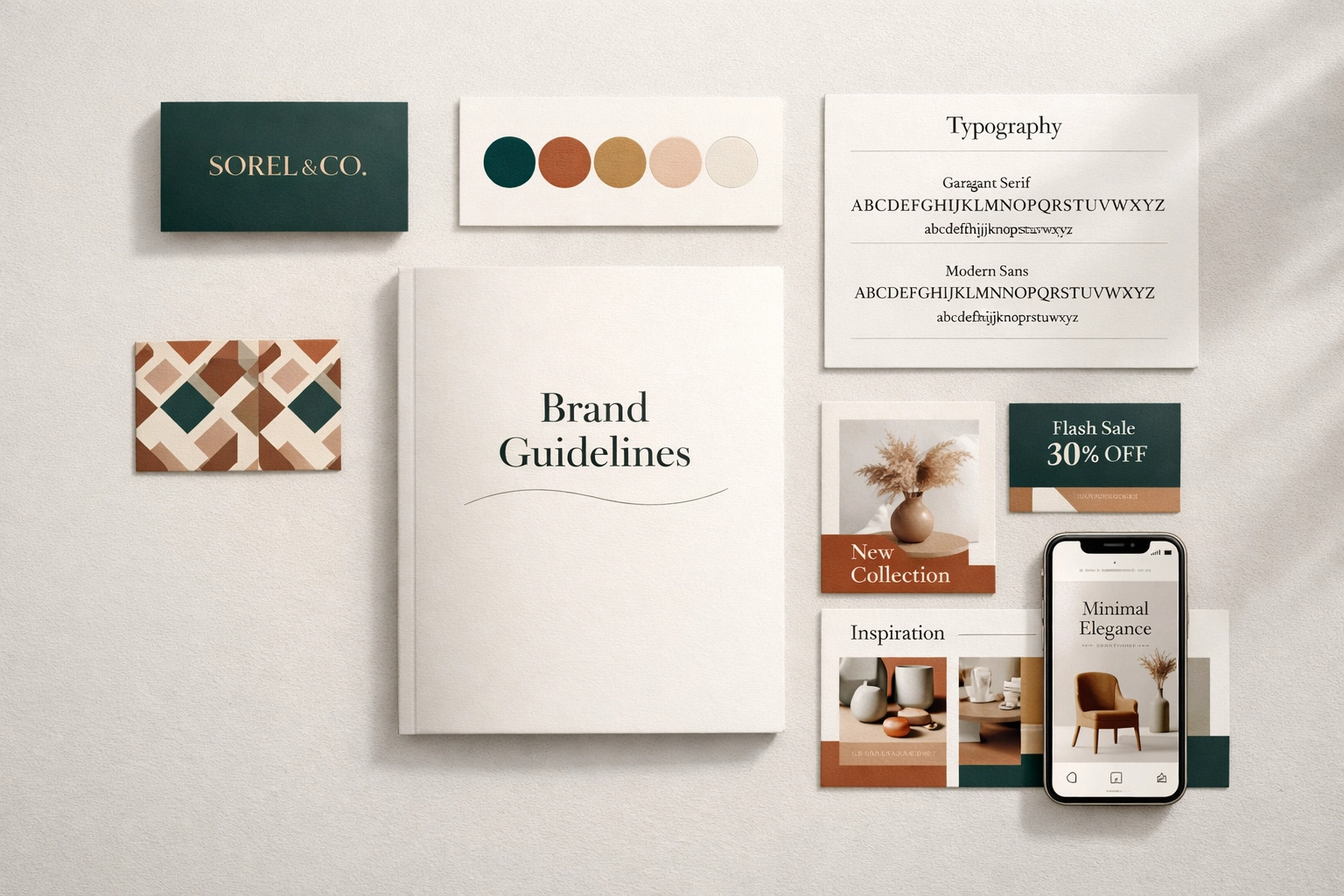 Brand identity system showing logo, colours, typography and brand guidelines