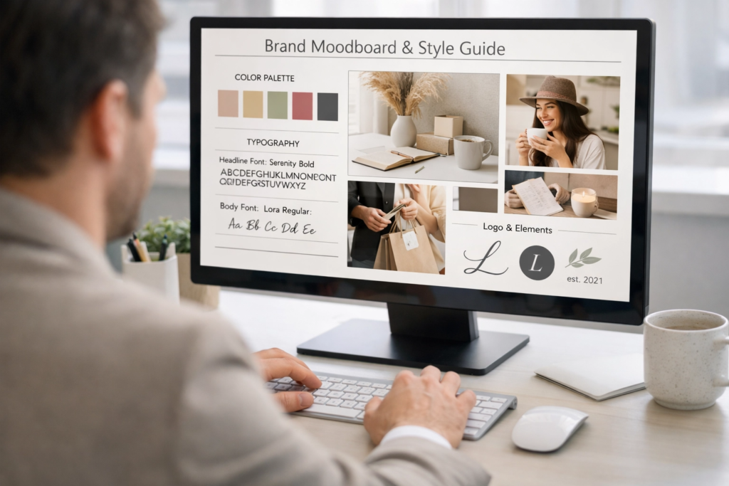 Small business owner reviewing brand identity guidelines and logo design options