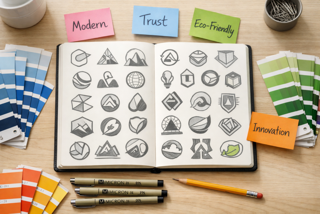 Professional brand identity designer working through logo concepts and brand strategy