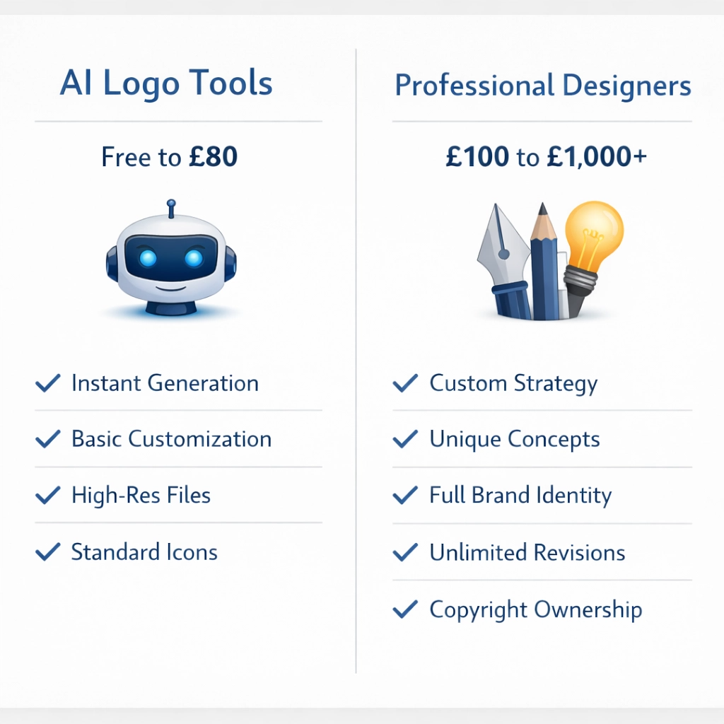 Logo design cost comparison between AI logo makers and professional designers in 2026