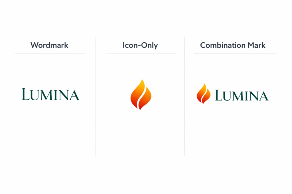Types of logo design — wordmark, icon and combination mark examples