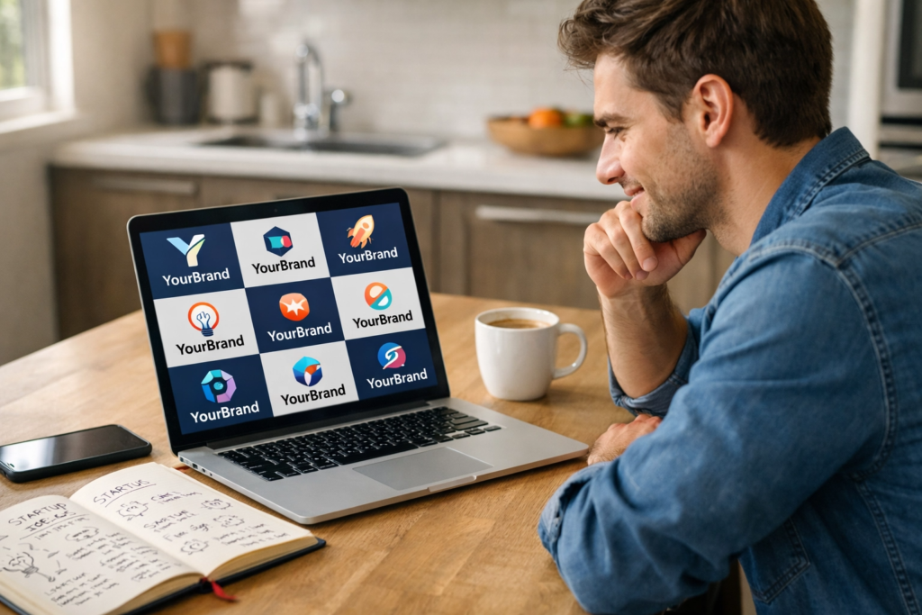 Small business owner using AI logo maker to create initial brand identity