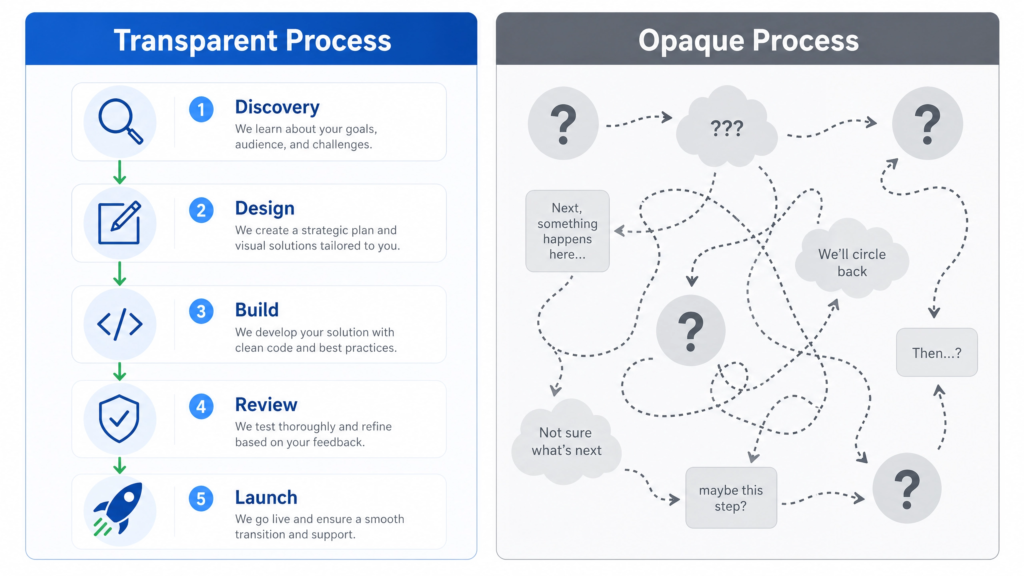 Transparent web design agency process compared to a vague unstructured one