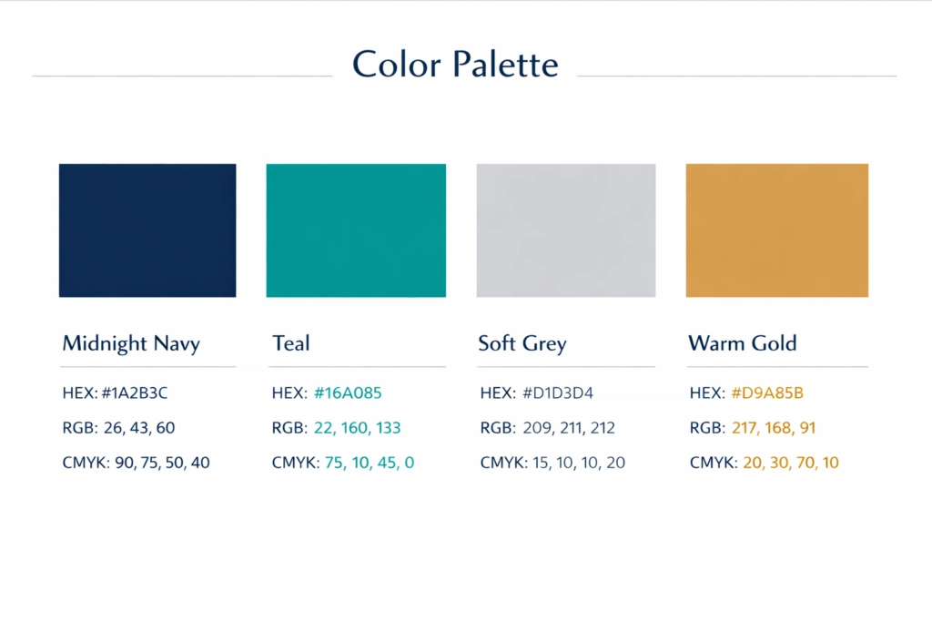 Brand colour palette with HEX and CMYK codes for consistent branding across print and digital