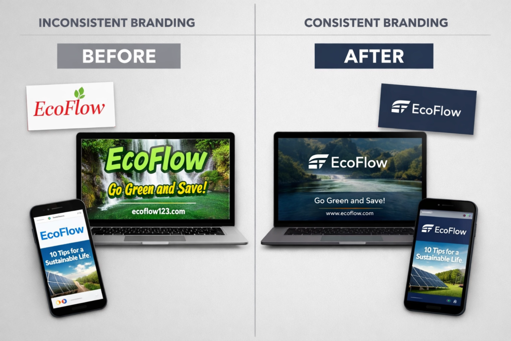 Before and after comparison of inconsistent branding versus a consistent