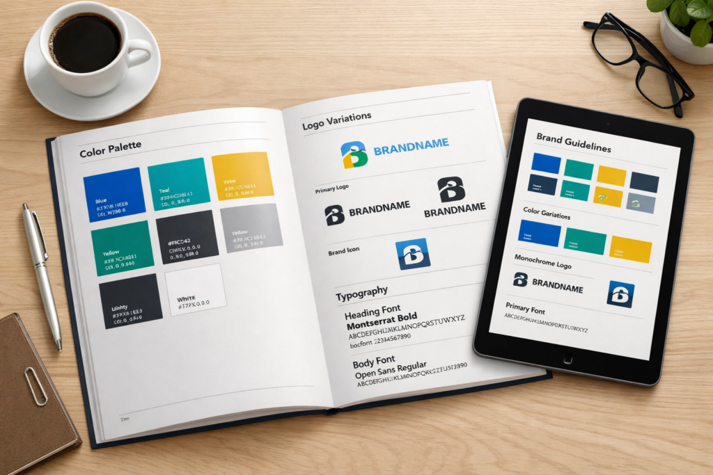 Brand style guide document showing colours, fonts and logo usage rules for consistent brand