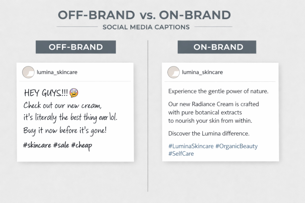 Brand voice example showing consistent tone of voice across social media captions