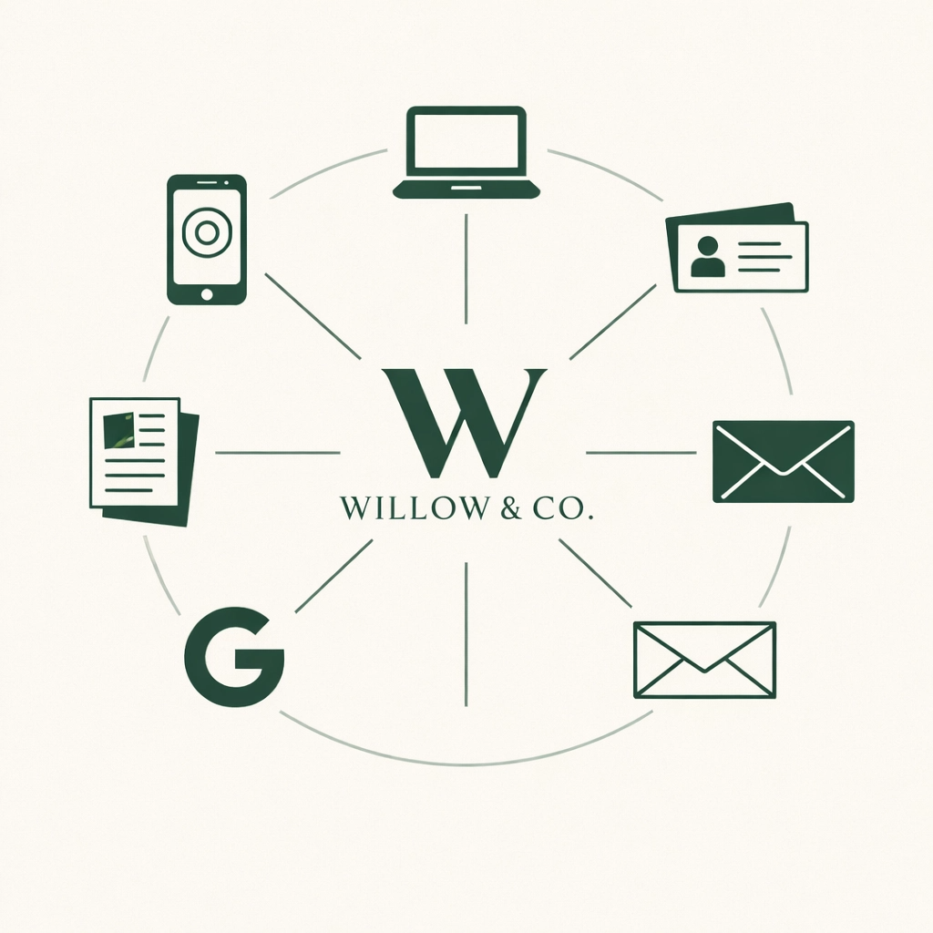 Brand touchpoints diagram showing where brand identity design must stay consistent