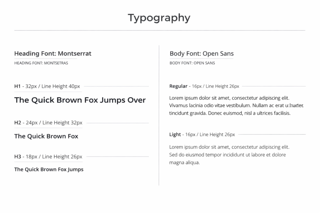 Brand typography guide showing heading and body fonts for a consistent branding