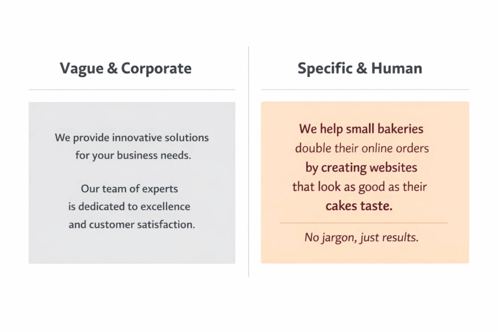 Website copywriting before and after — specific human copy builds more trust than generic marketing language
