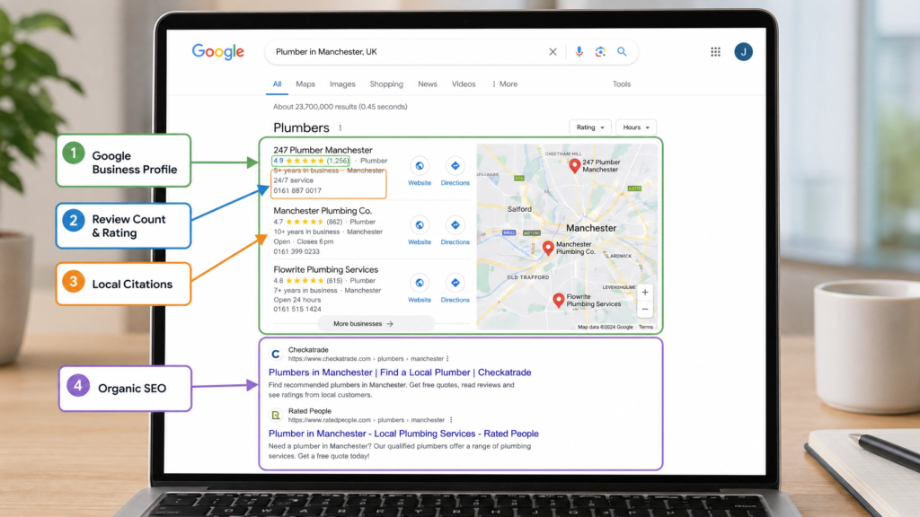 Google search results page showing how web design and SEO work together for UK businesses
