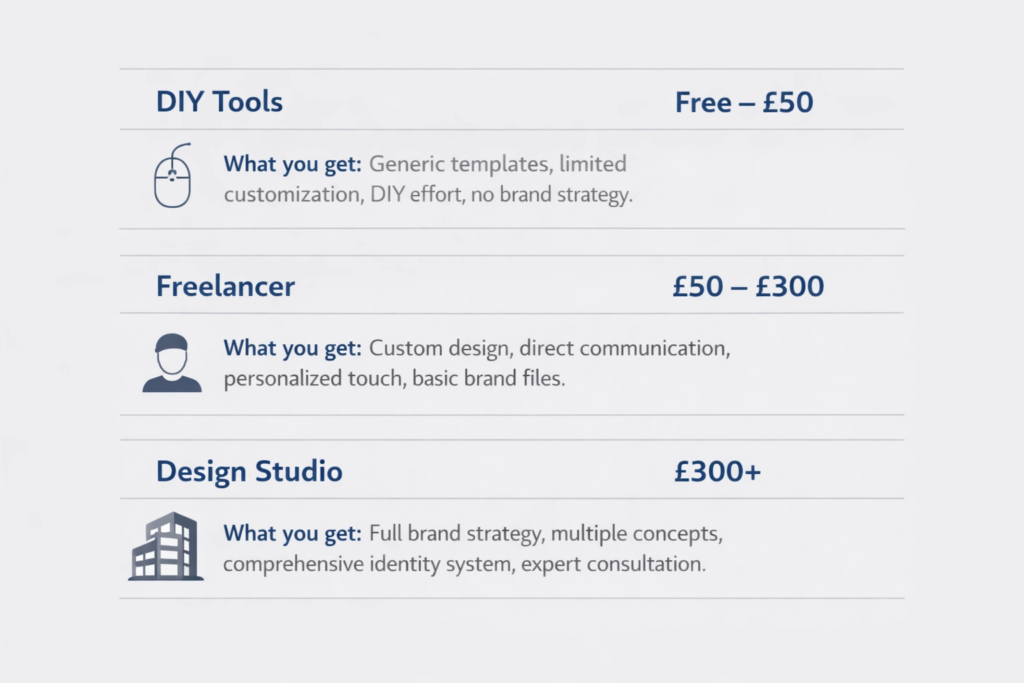 Logo design cost comparison chart showing DIY Canva logo cost versus custom logo pricing tiers