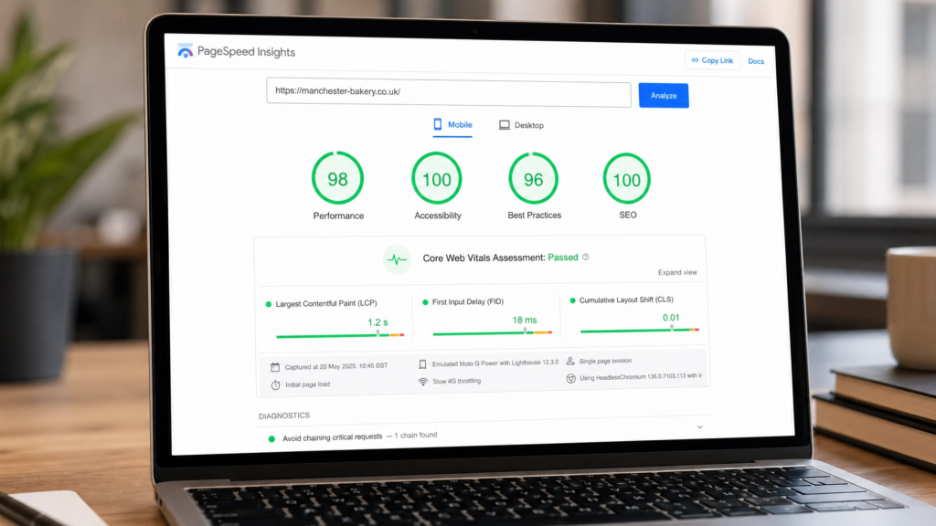 Google PageSpeed Insights results showing a fast, SEO-ready web design
