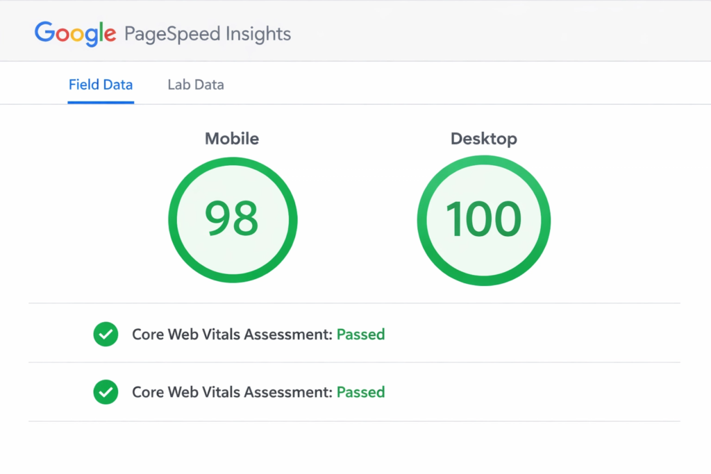 Website speed score showing fast load time — a key website trust building tip