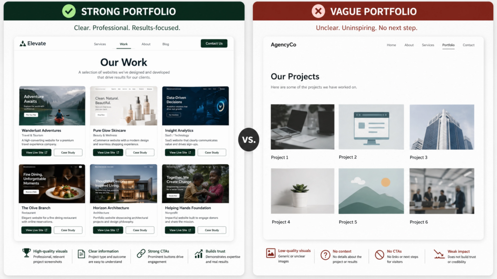 Web design agency portfolio comparison showing strong versus weak evidence of work