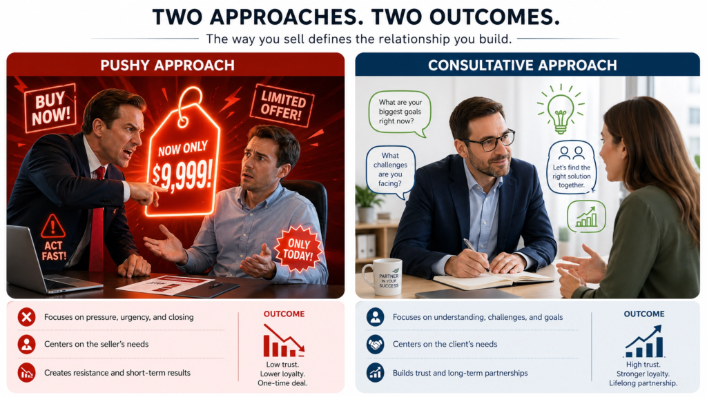 Comparison of pushy web design agency sales tactics versus a consultative, business-focused approach