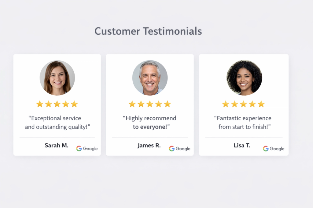 Website social proof examples — customer testimonials and Google reviews on a homepage