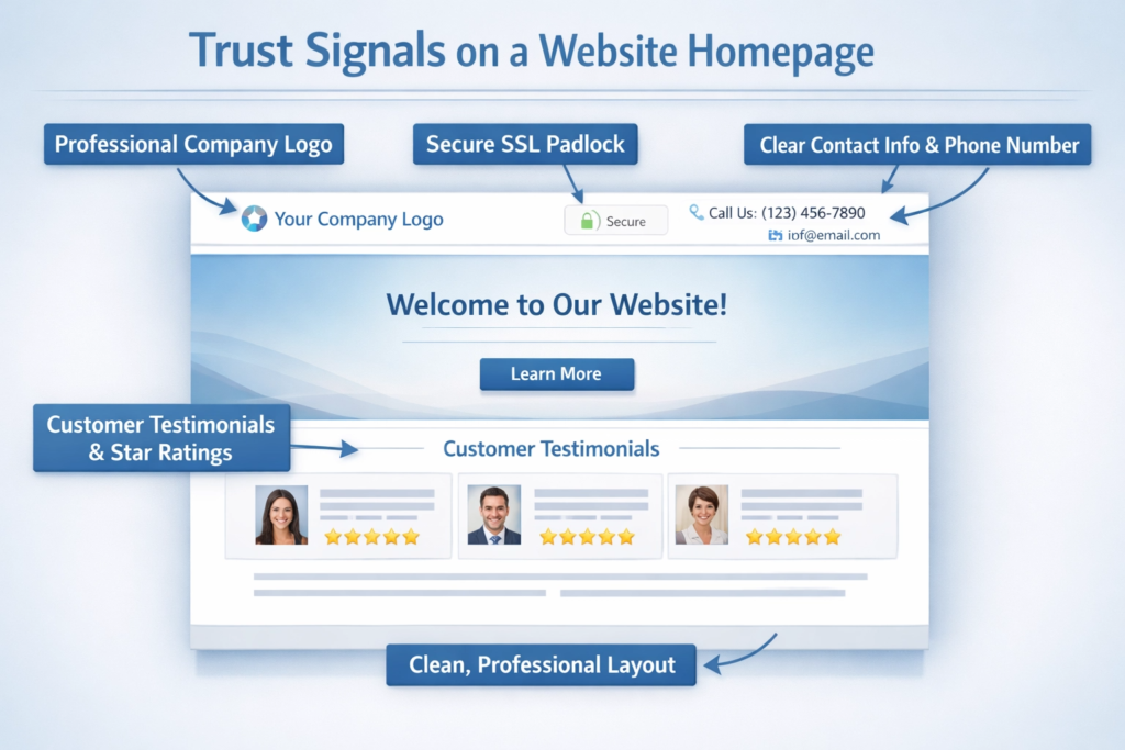 Trust signals on a website — SSL badge, testimonials, contact info and branding