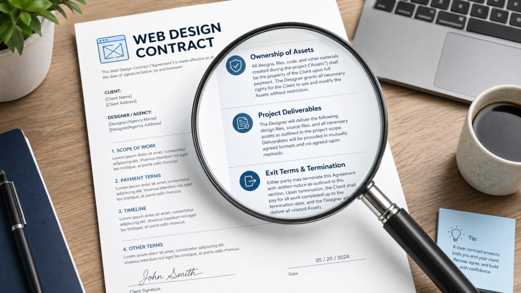 Small business owner reviewing web design agency contract terms and deliverables