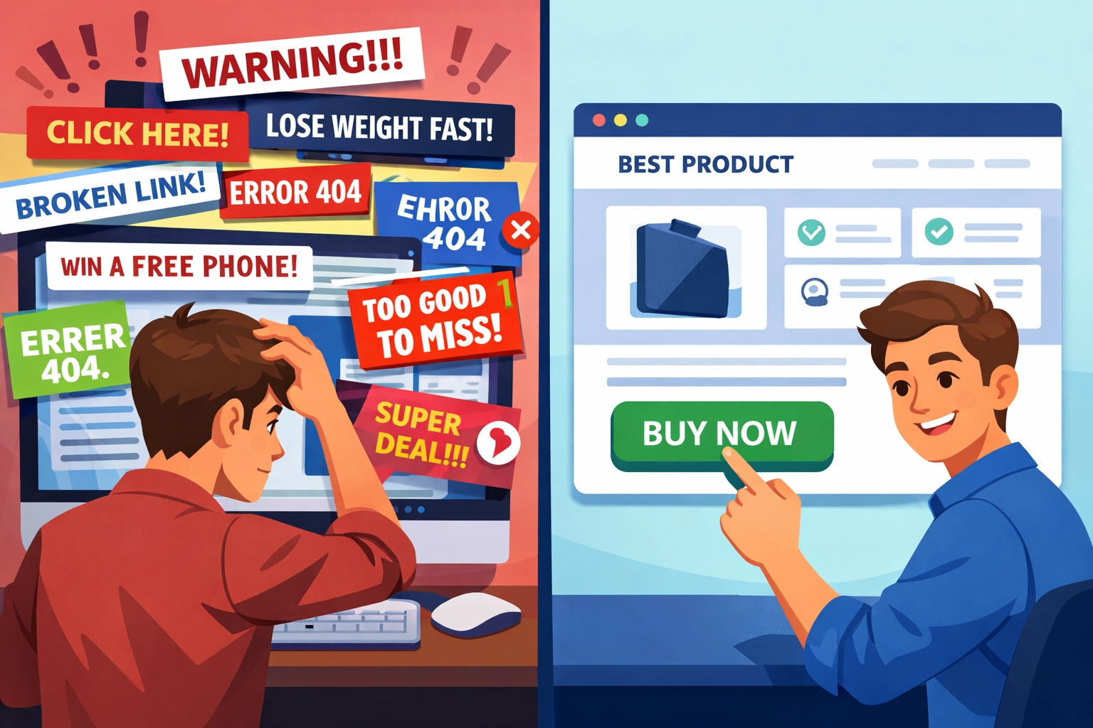 Website trust building tips — trustworthy vs untrustworthy website comparison