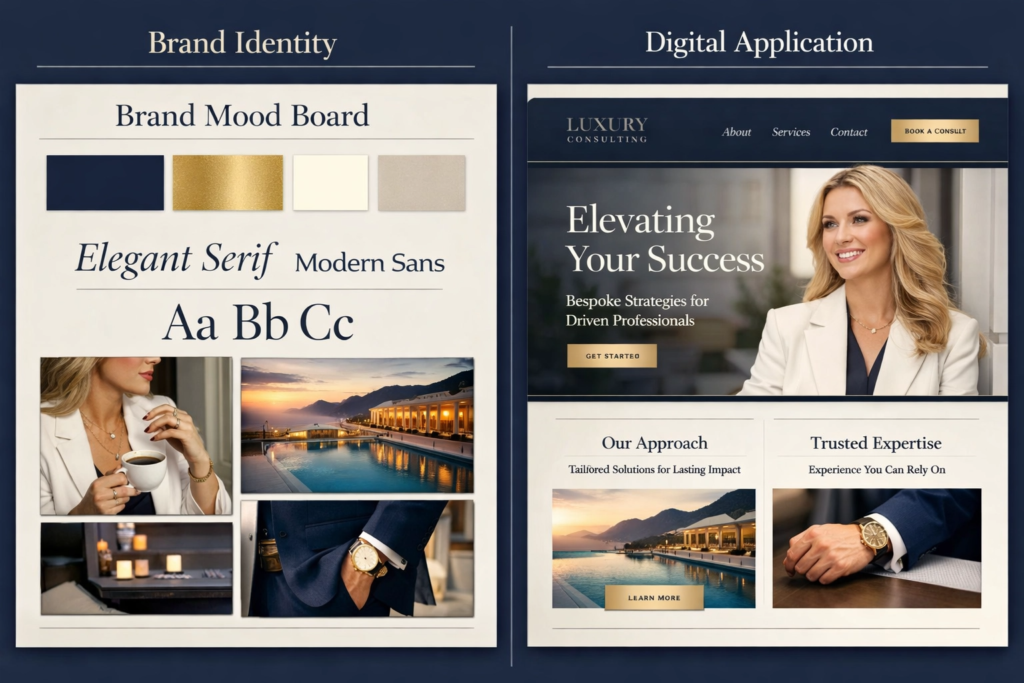 Brand identity design elements matched to a consistent landing page layout showing conversion-focused web design