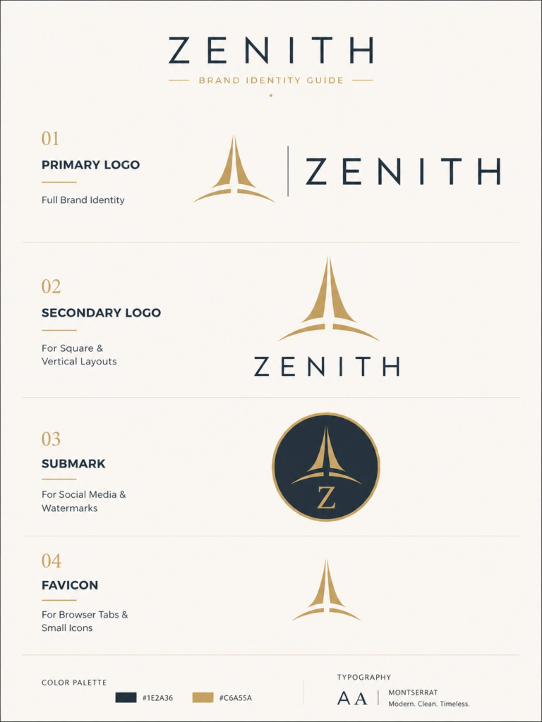 Brand logo system showing primary logo, secondary logo, submark and favicon variations