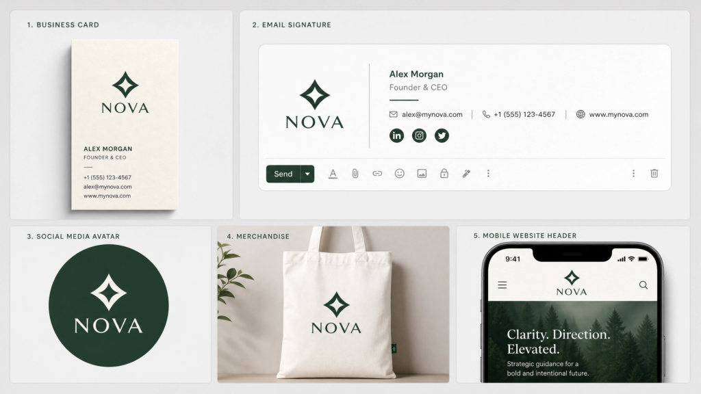 Secondary logo use across business card, email signature and social media profile examples