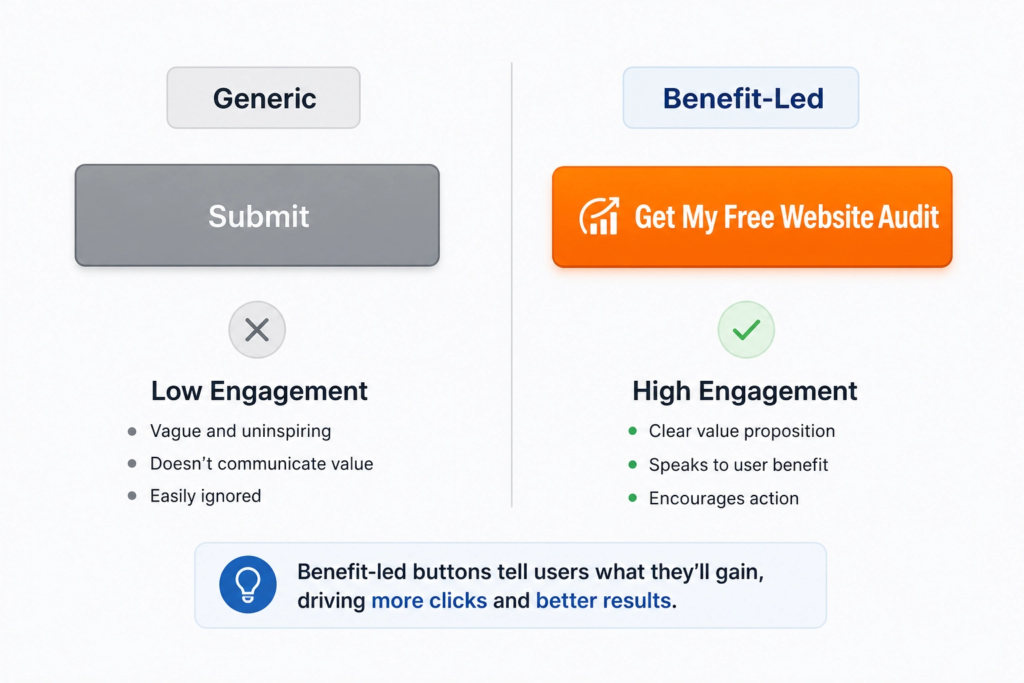 Call to action button design comparison showing generic versus benefit-led CTA copy