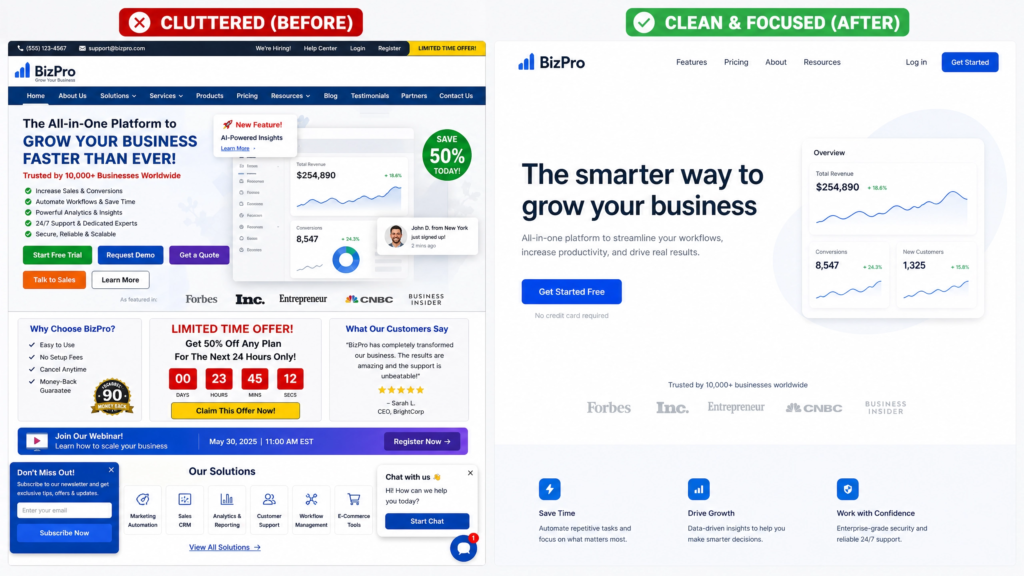 Before and after landing page design comparison showing high-converting versus low-converting layout