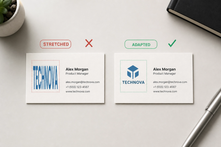Secondary logo use example showing a primary logo vs secondary logo on a business card