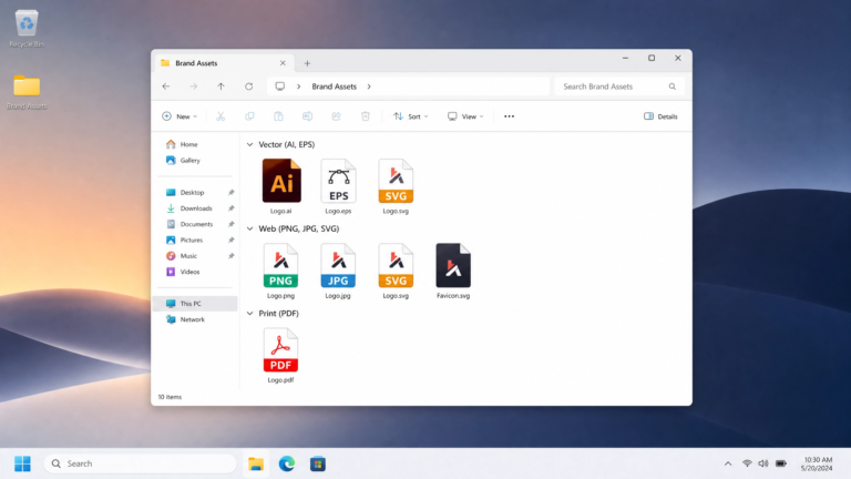 Organised logo file formats including SVG PNG EPS AI and PDF