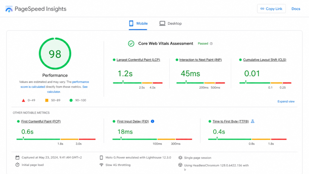 Google PageSpeed Insights scores showing Core Web Vitals for a high-converting landing page