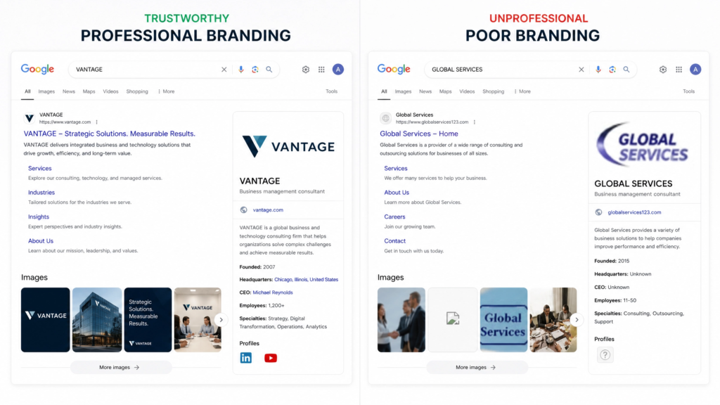 Brand consistency in Google search results showing the impact of professional logo use on trust