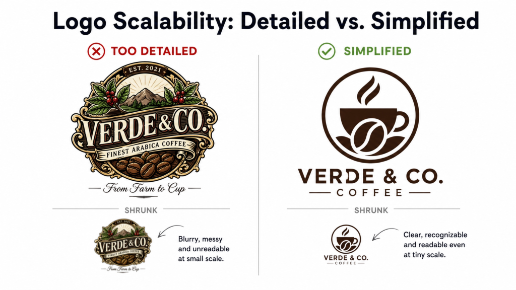 Before and after example showing logo simplification for small sizes
