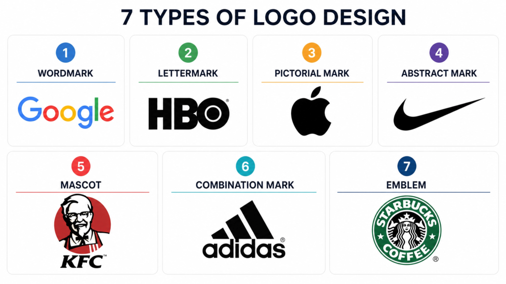 Diagram showing the 7 main logo types explained with examples